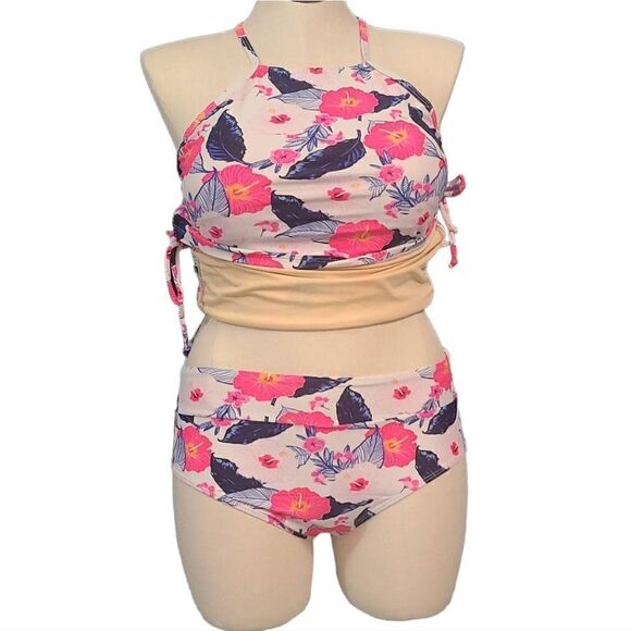 Wild Flower Tankini Midrise Bikini Swimsuit Set Pink Blue Floral - Picture 16 of 16